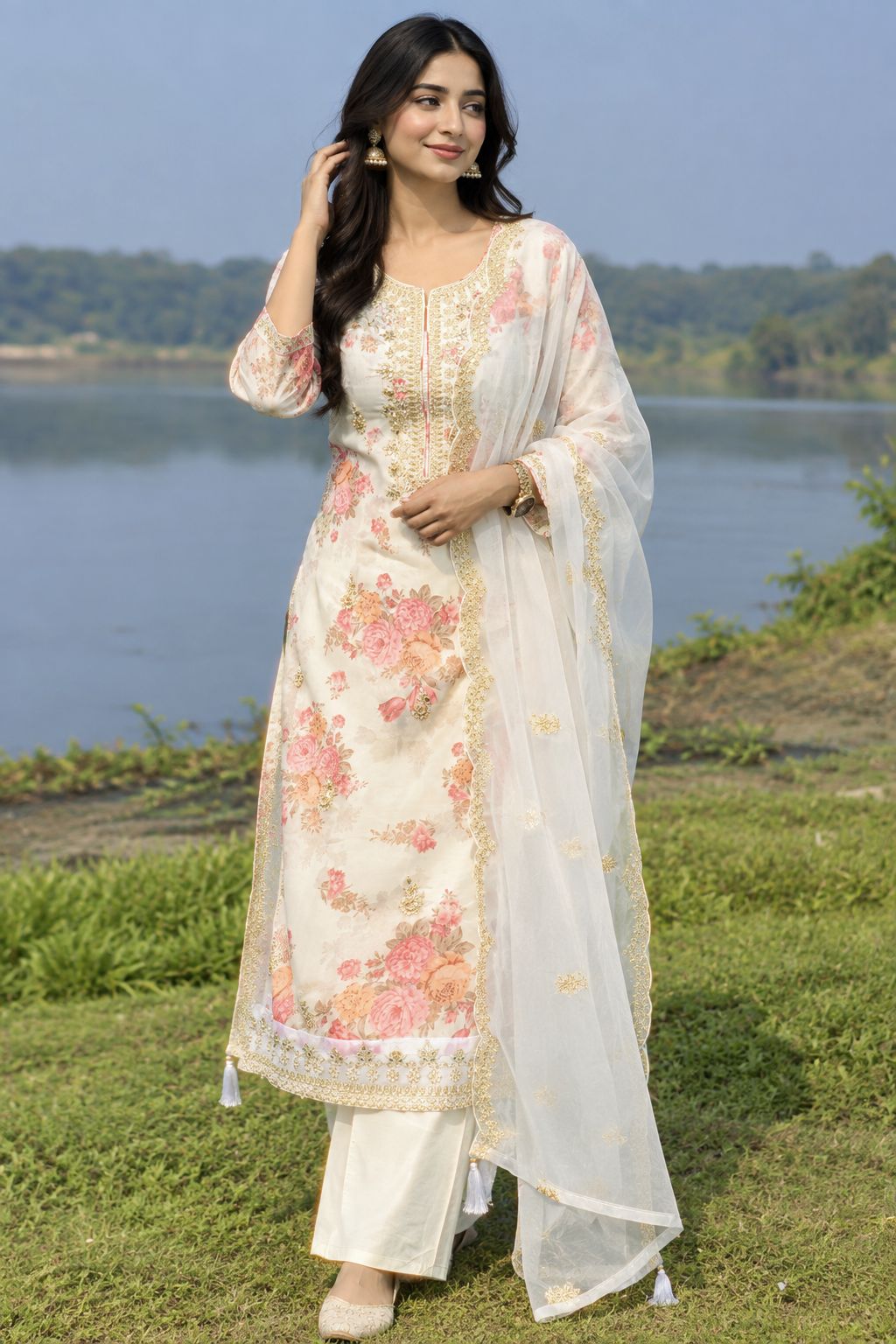 Ivory Floral Beaded Organza Straight Kurta with Pant & Dupatta