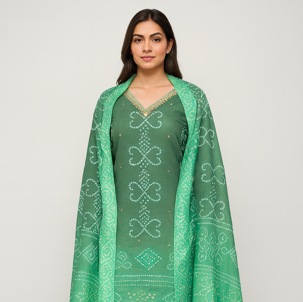 Dark Green Roman Silk Bandhani Gold Embroidered Straight Kurta Set with Pant & Bandhani Dupatta