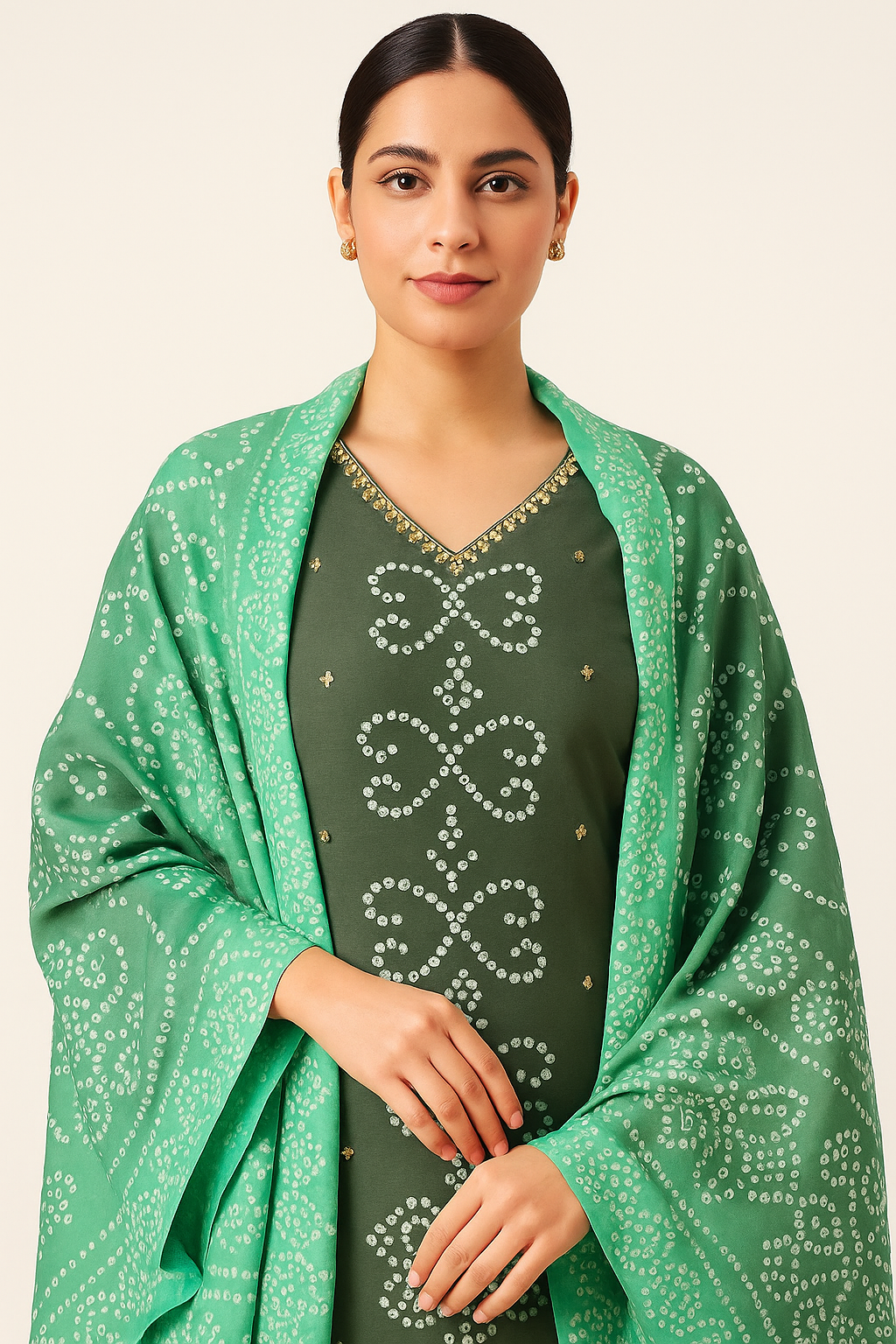 Dark Green Roman Silk Bandhani Gold Embroidered Straight Kurta Set with Pant & Bandhani Dupatta - Image 3