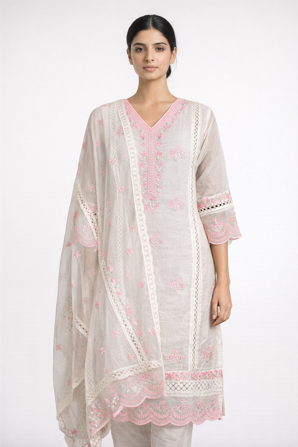Elegant Off-White Organza Straight Kurta Set with Pink Embroidery, Pant & Dupatta