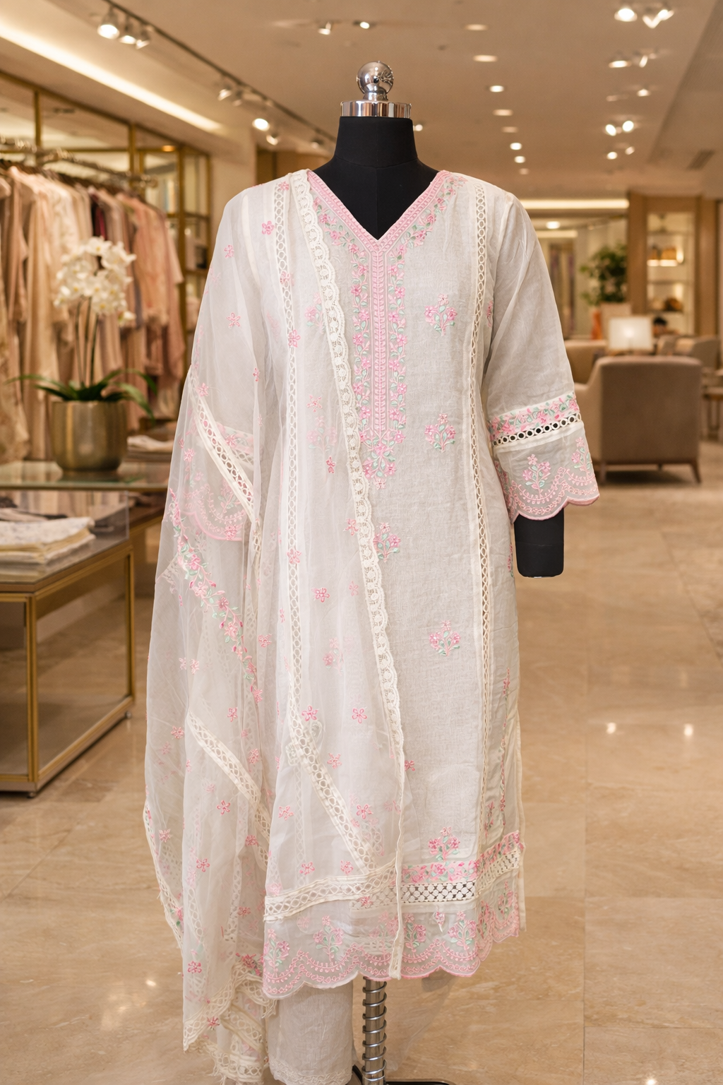 Elegant Off-White Organza Straight Kurta Set with Pink Embroidery, Pant & Dupatta - Image 3