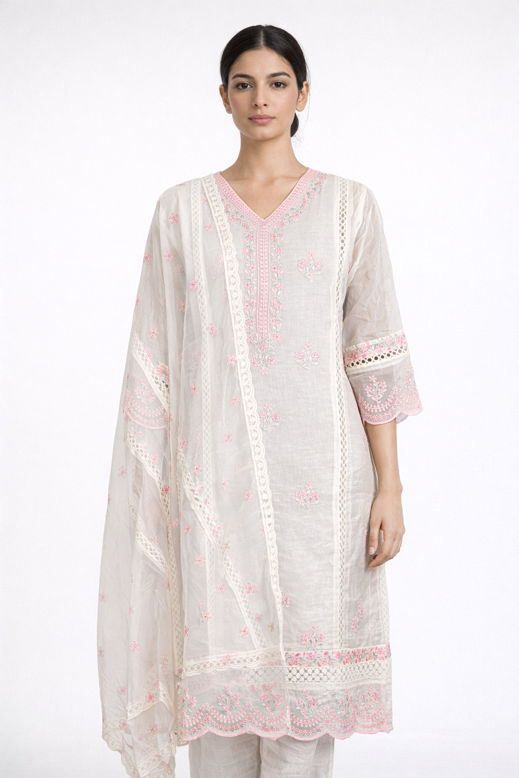 Elegant Off-White Organza Straight Kurta Set with Pink Embroidery, Pant & Dupatta - Image 4