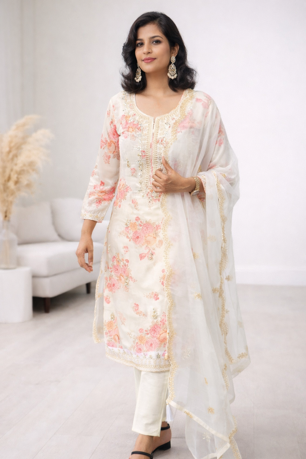 Ivory Floral Beaded Organza Straight Kurta Set with Pant & Dupatta - Image 8