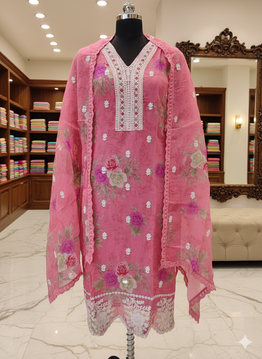 Pink Floral Thread Work Organza Straight Kurta Set with Pant & Dupatta - Image 3