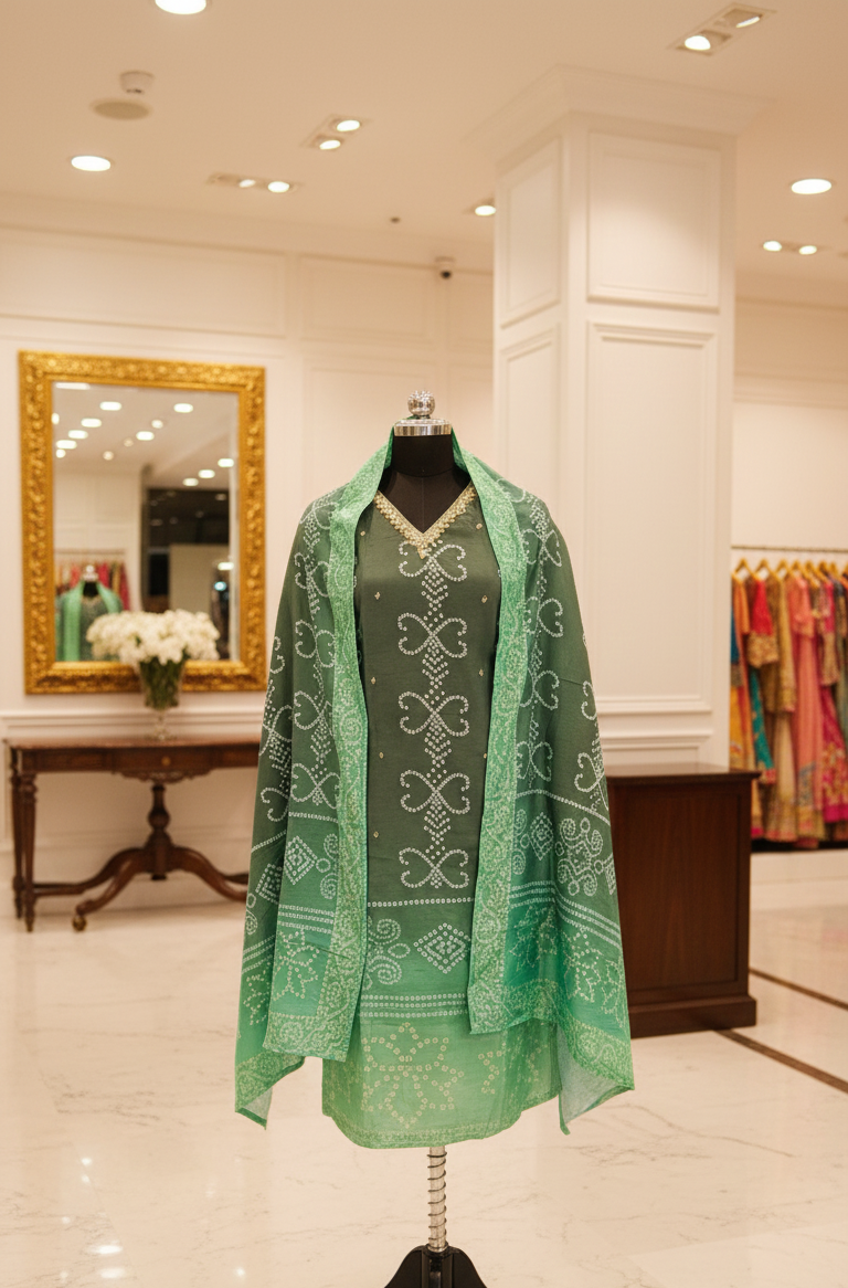 Dark Green Roman Silk Bandhani Gold Embroidered Straight Kurta Set with Pant & Bandhani Dupatta - Image 4