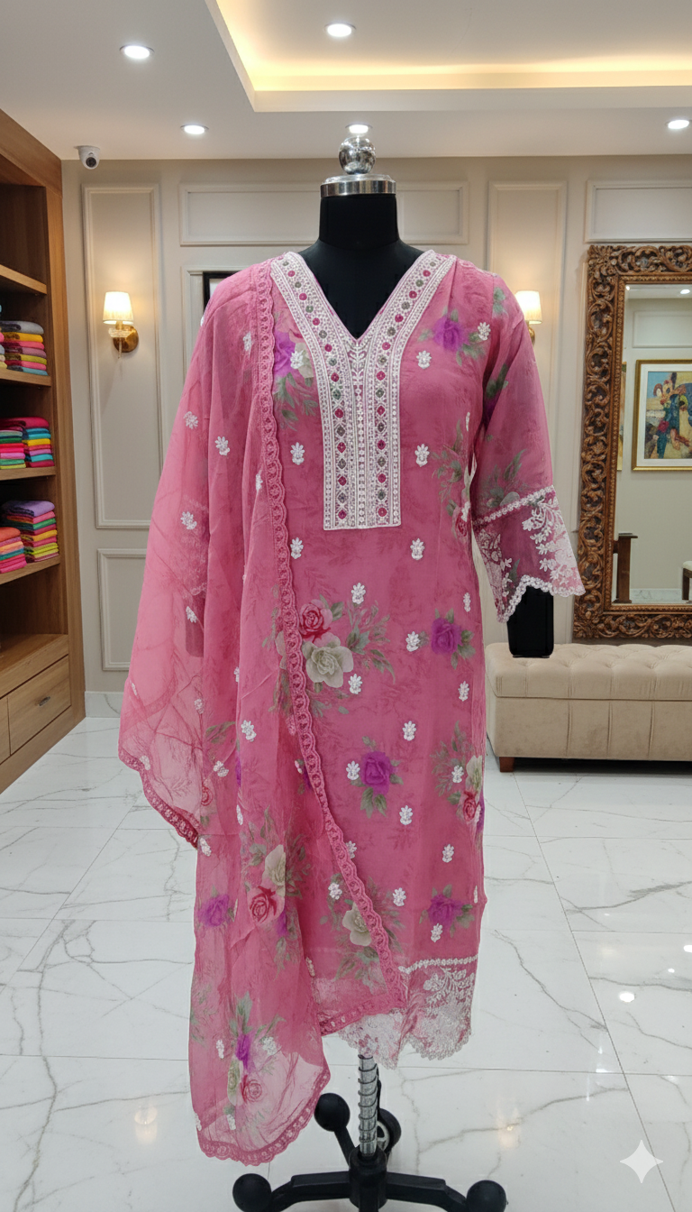 Pink Floral Thread Work Organza Straight Kurta Set with Pant & Dupatta - Image 4