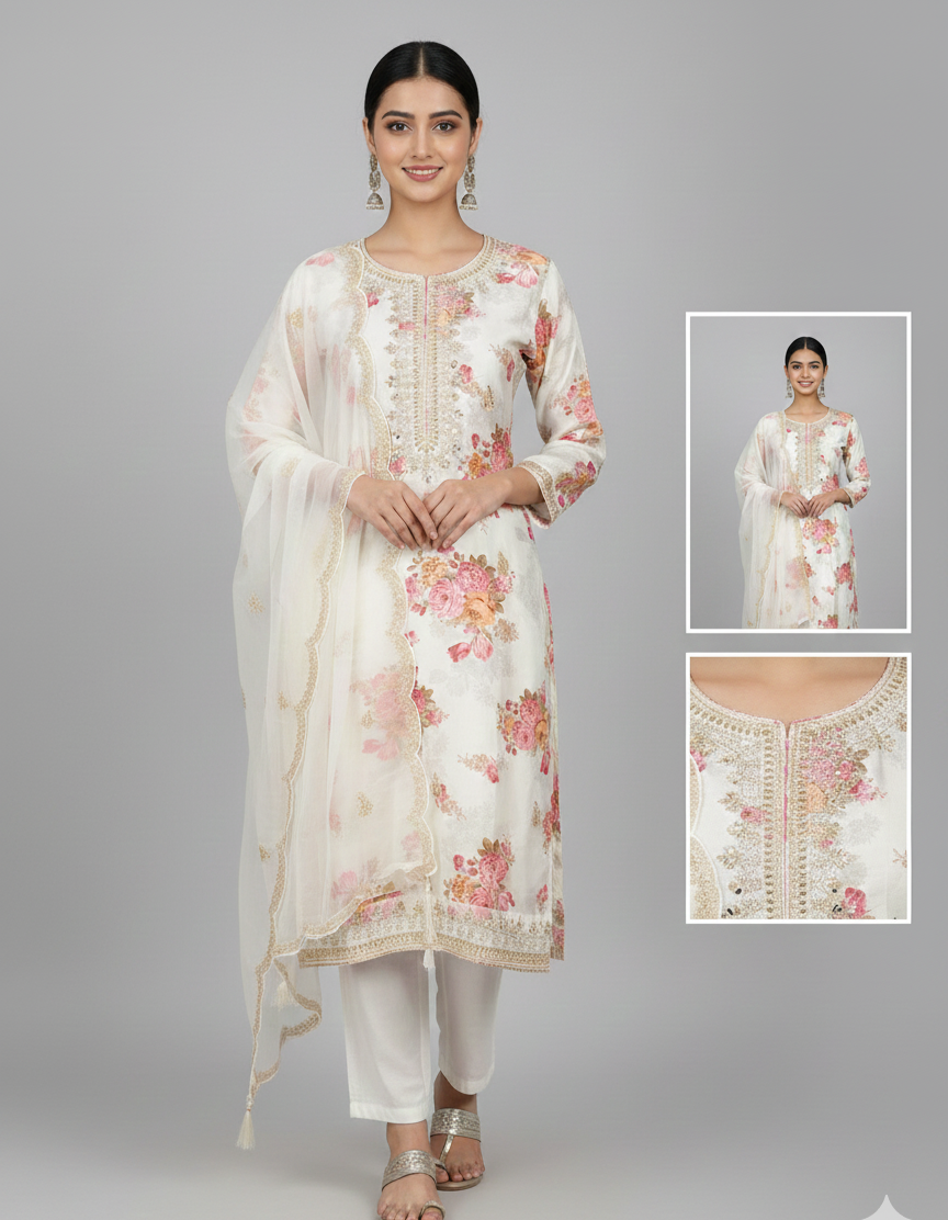 Ivory Floral Beaded Organza Straight Kurta Set with Pant & Dupatta