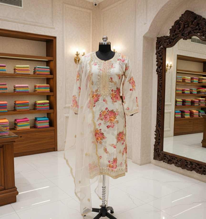 Ivory Floral Beaded Organza Straight Kurta Set with Pant & Dupatta - Image 4