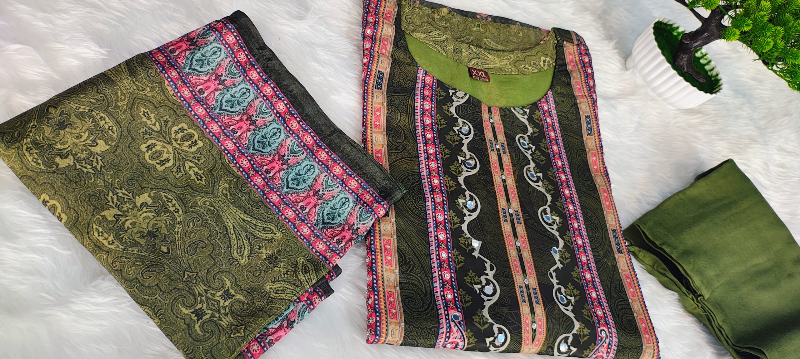 Olive Green Crepe Mirror Work Straight Kurta Set with Pant & Dupatta - Image 4