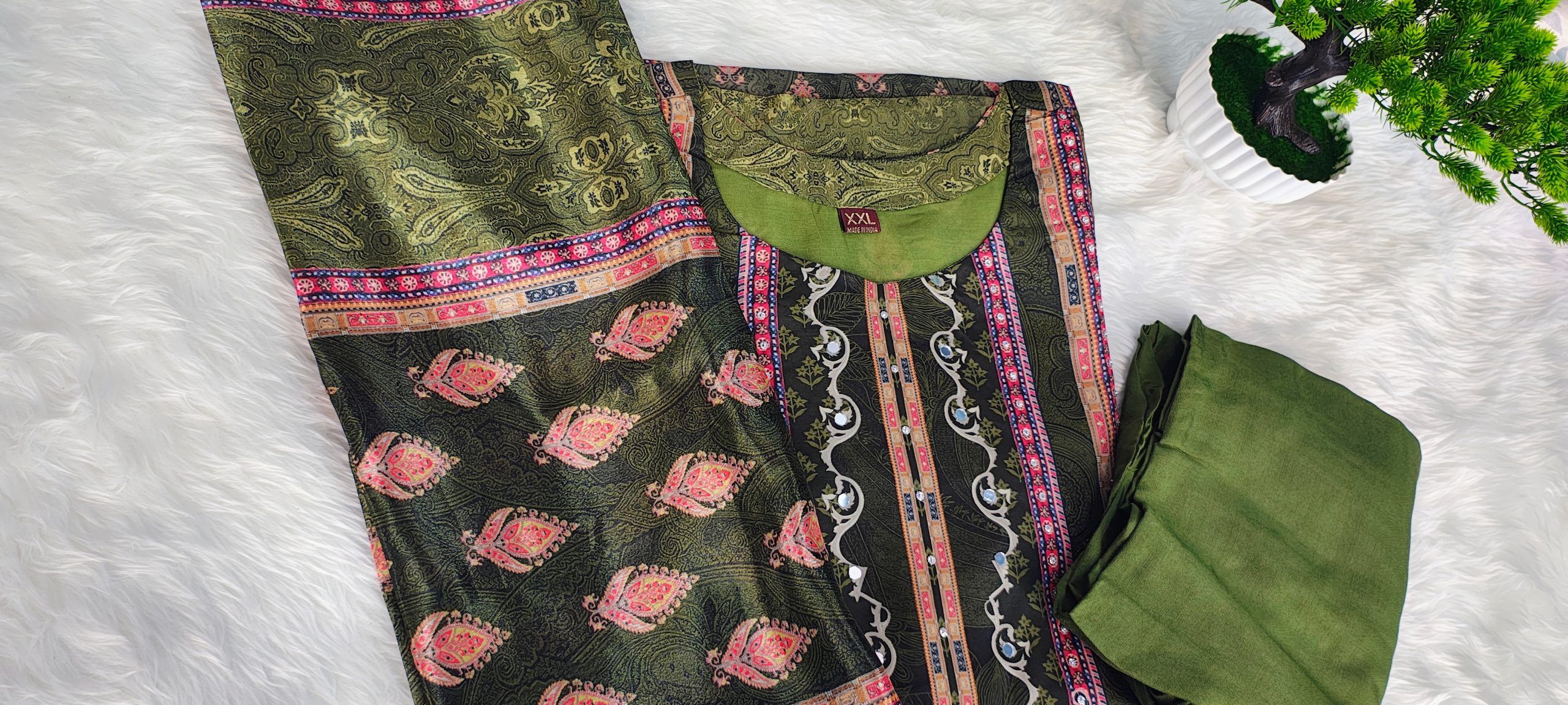 Olive Green Crepe Mirror Work Straight Kurta Set with Pant & Dupatta - Image 5