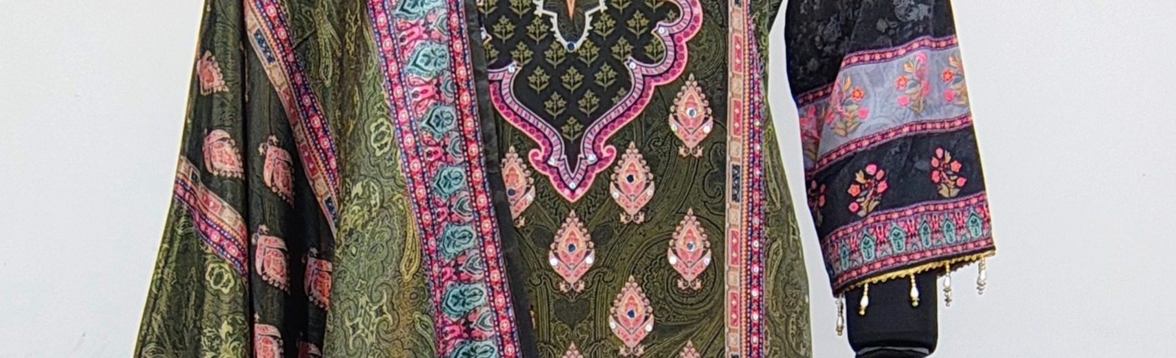 Olive Green Crepe Mirror Work Straight Kurta Set with Pant & Dupatta - Image 2