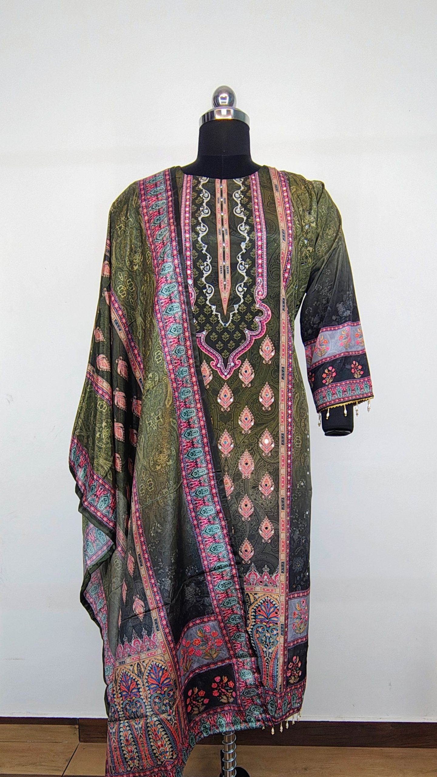 Olive Green Crepe Mirror Work Straight Kurta Set with Pant & Dupatta