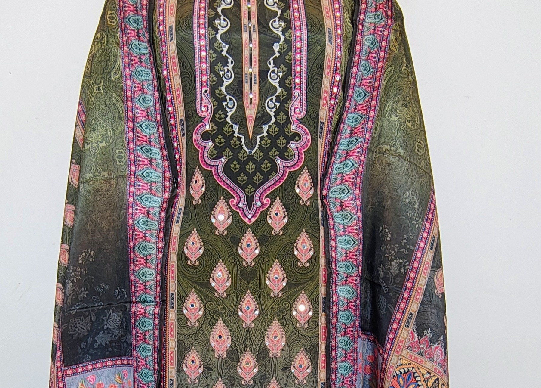 Olive Green Crepe Mirror Work Straight Kurta Set with Pant & Dupatta - Image 3