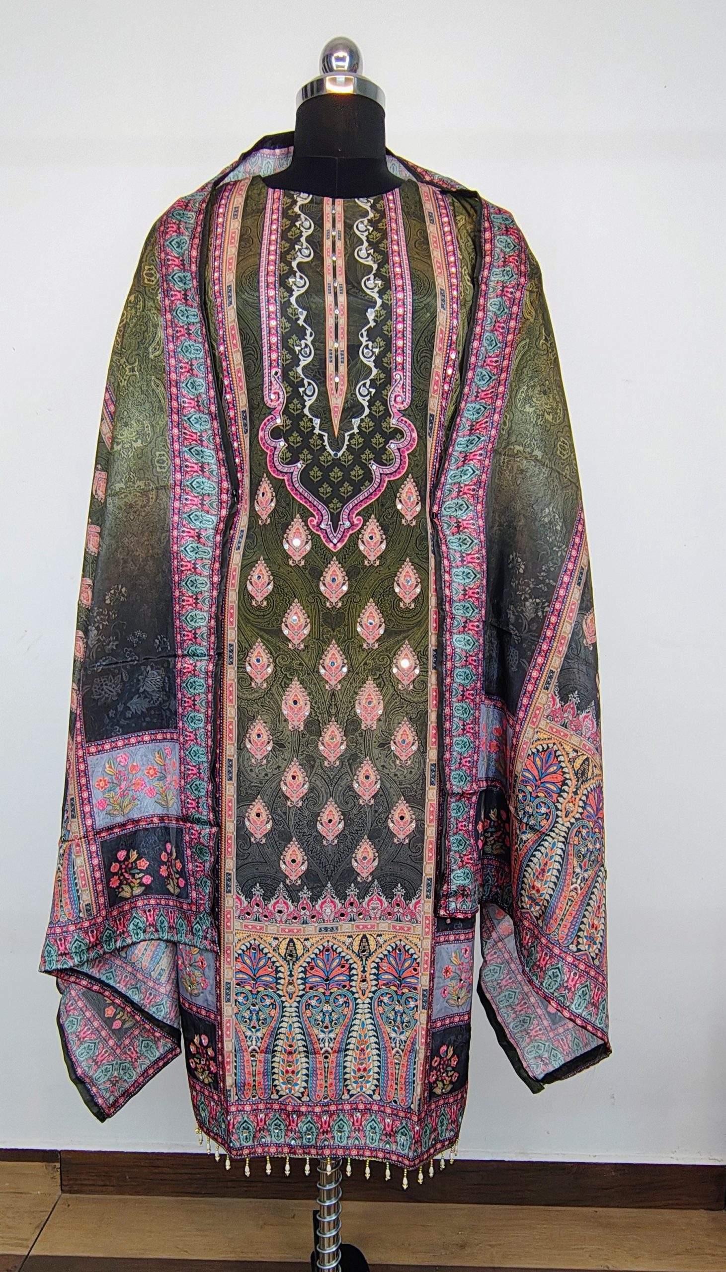 Olive Green Crepe Mirror Work Straight Kurta Set with Pant & Dupatta - Image 8