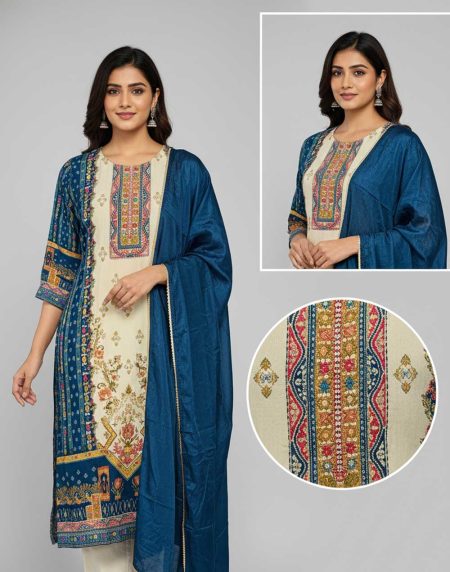 TEEL BLUE MUL CREPE BEADED ANARKALI KURTA WITH PANT AND DUPATTA