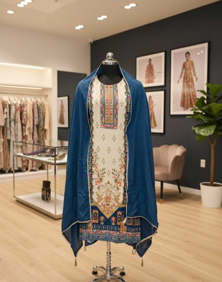 TEEL BLUE MUL CREPE BEADED ANARKALI KURTA WITH PANT AND DUPATTA