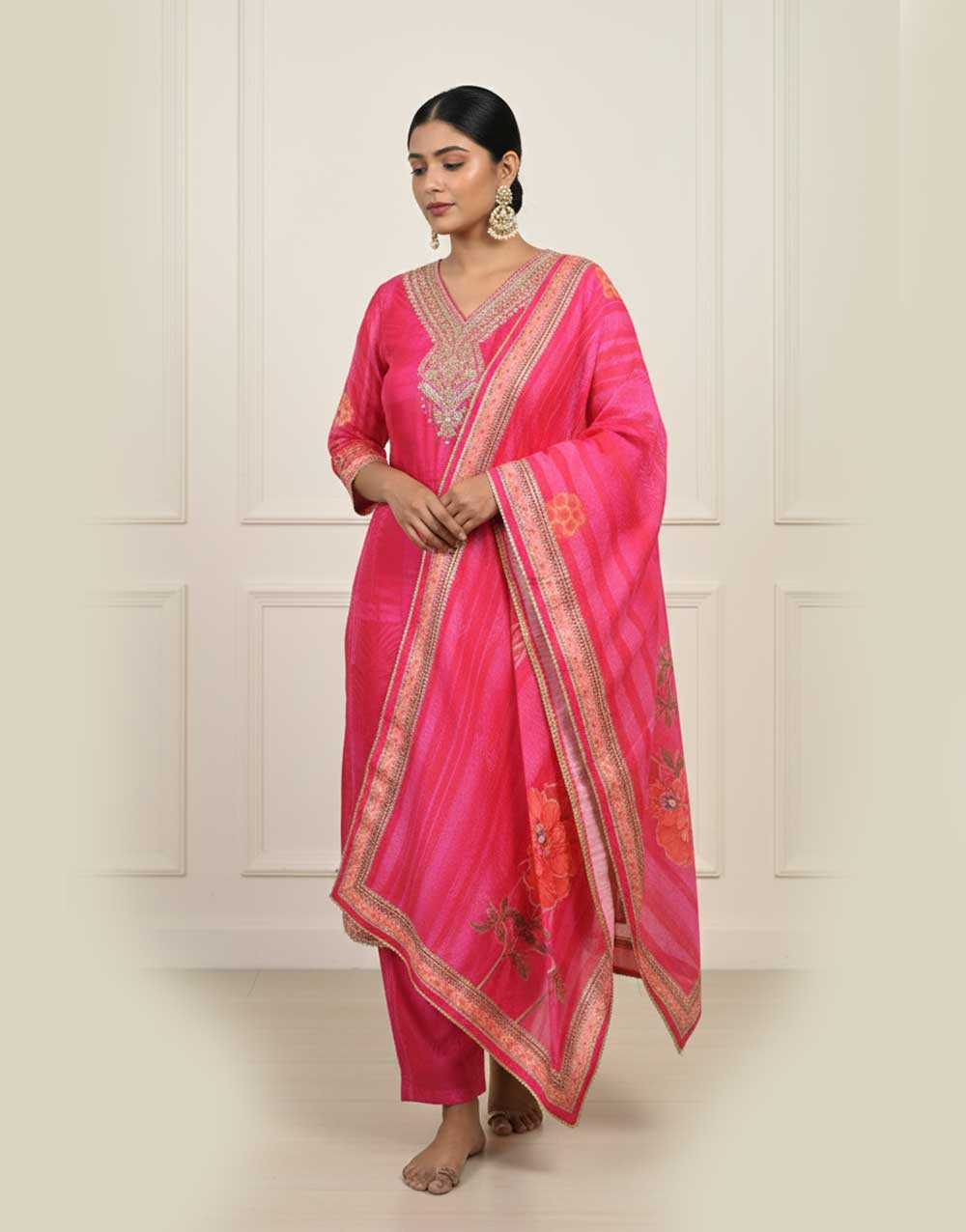 CERISE PINK RUSSIAN SILK GOLDEN EMBROIDERY STRAIGHT KURTA WITH PANT AND DUPATTA