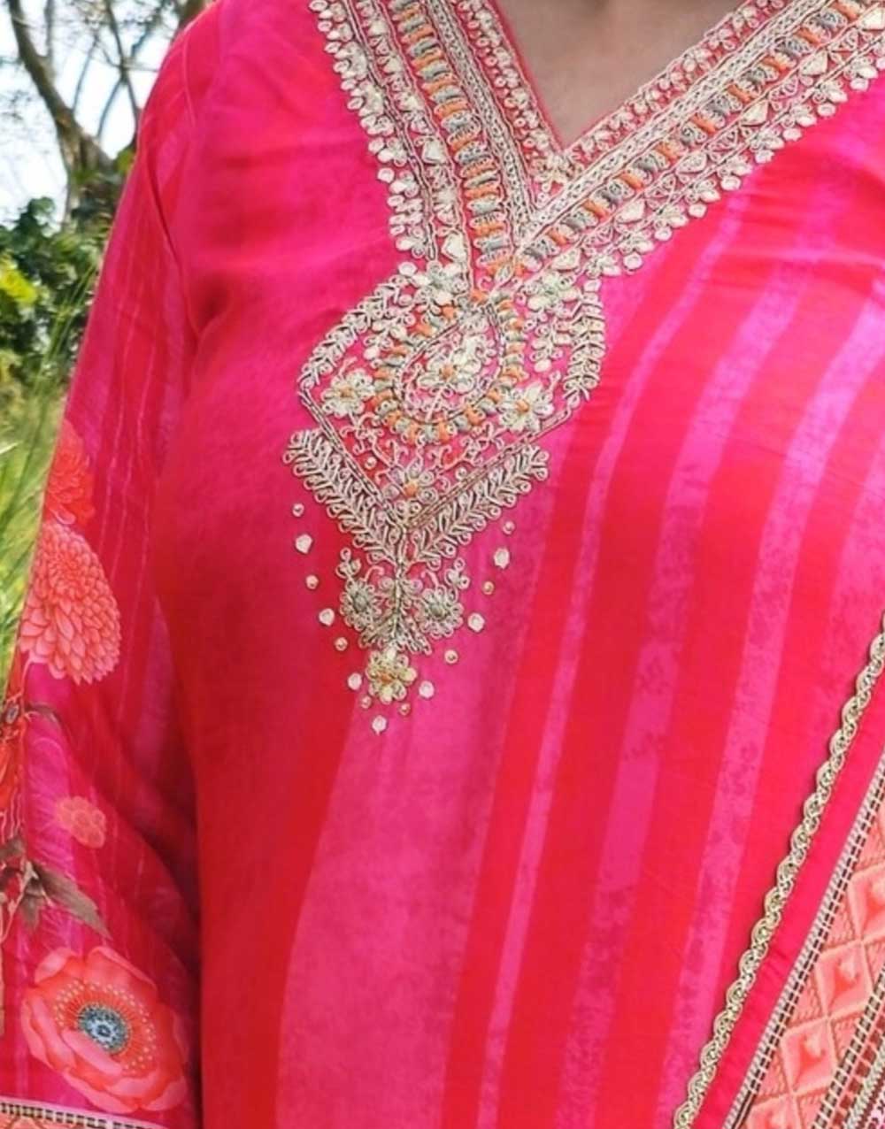 Cerise Pink Russian Silk Golden Embroidery Straight Kurta With Pant And Dupatta - Image 4