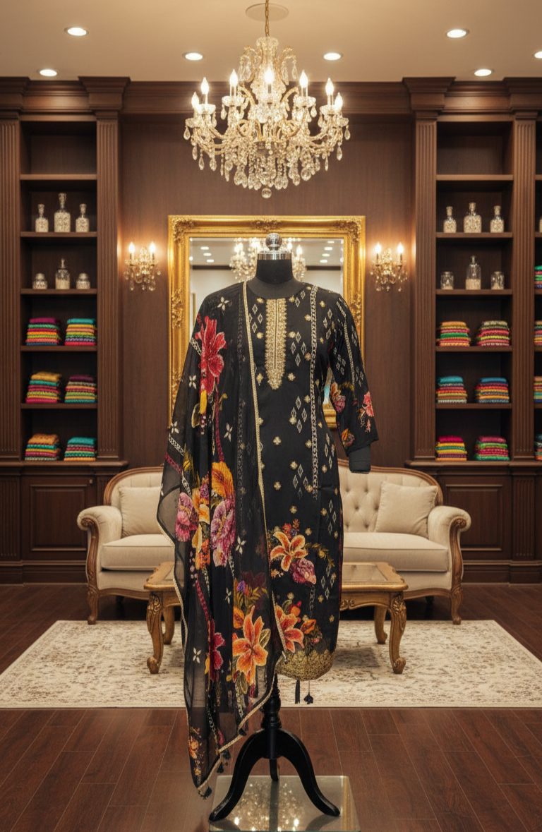 Black Bloom Organza Beaded Straight Kurta Set with Pant & Floral Dupatta
