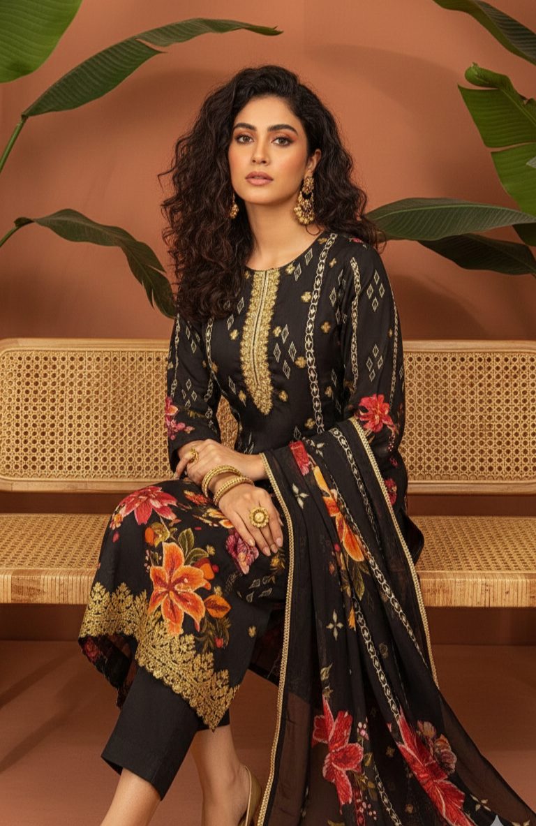 Black Bloom Organza Beaded Straight Kurta Set with Pant & Floral Dupatta - Image 4