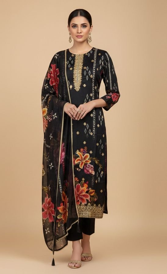 Black Bloom Organza Beaded Straight Kurta Set with Pant & Floral Dupatta - Image 3