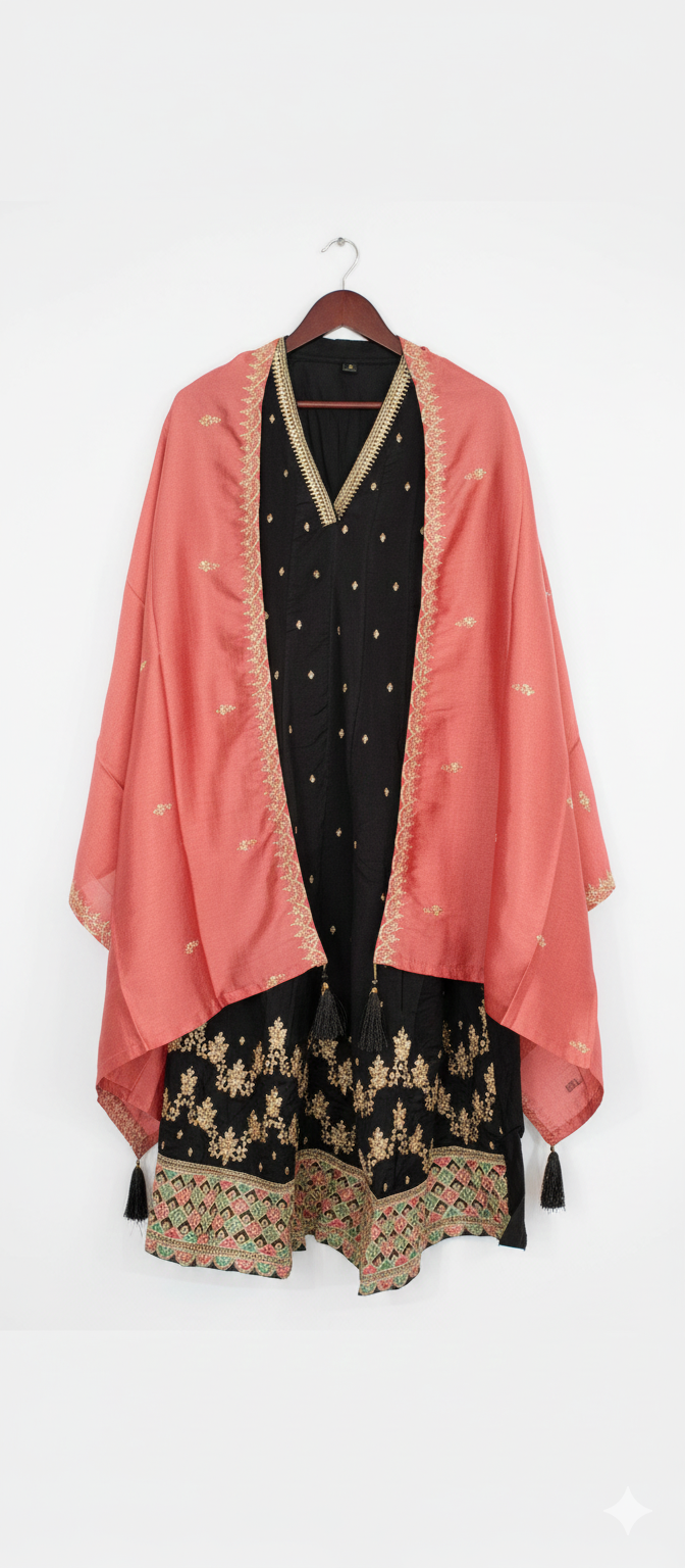 Black Georgette Gold Embroidered Straight Kurta with Contrast Dupatta - Image 3