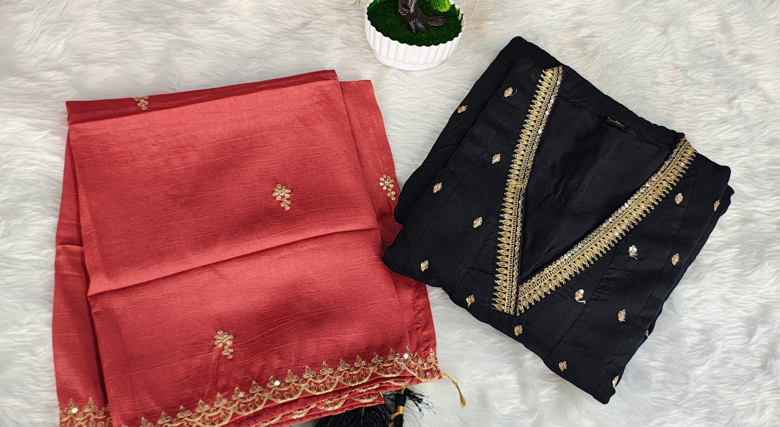 Black Georgette Gold Embroidered Straight Kurta with Contrast Dupatta