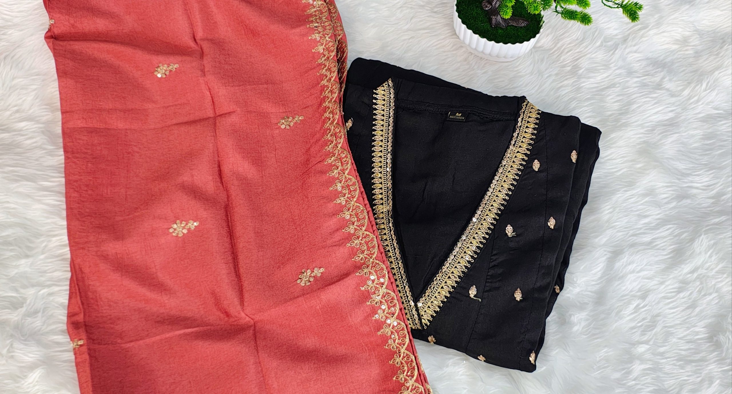 Black Georgette Gold Embroidered Straight Kurta with Contrast Dupatta - Image 2