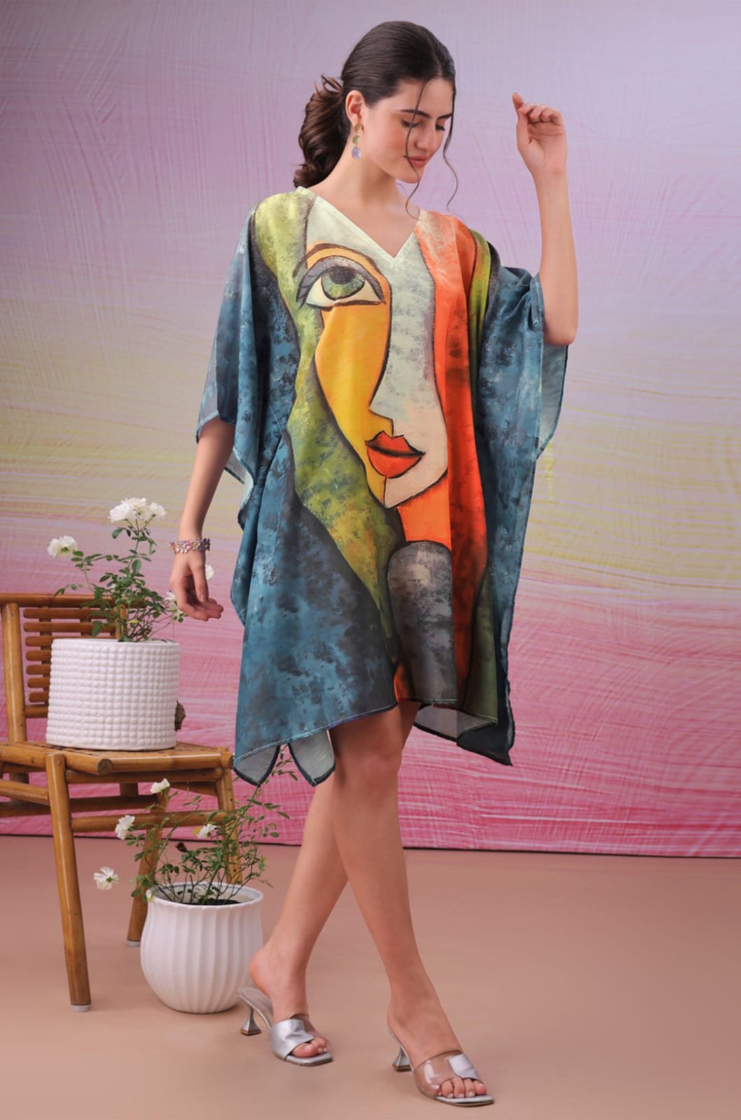 Muslin Cotton multi-coloured visage muse short Kaftan dress - Image 2