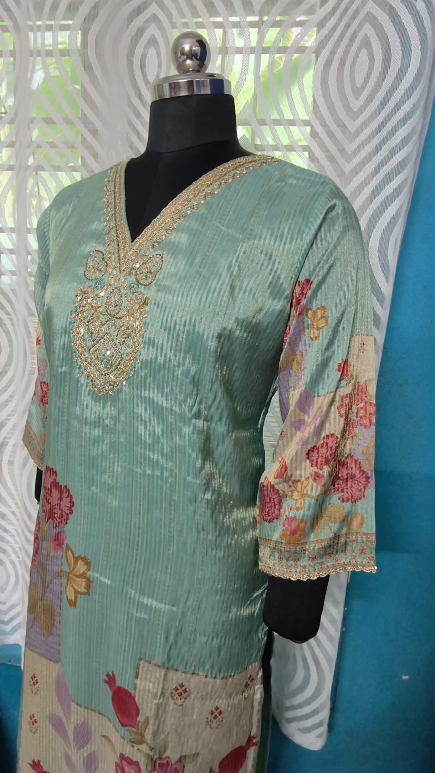 Pastel Royale Sapphire Blue Linen Organza Straight Kurta with Golden Embroidery, Pant & Floral Dupatta - Image 2