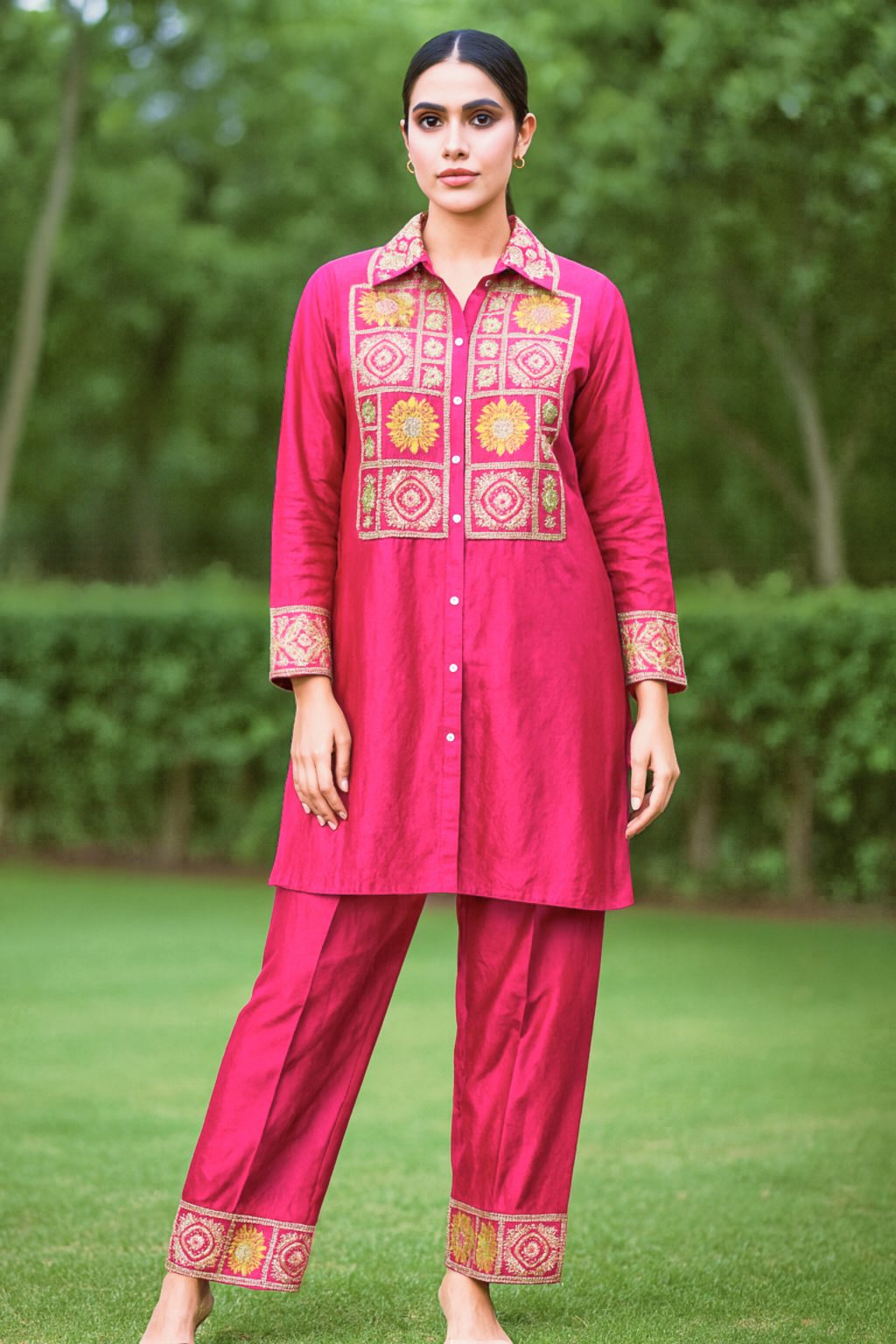 Pink Rose Hot Pink Chinon Embroidered Party Wear Co-ord Set - Image 5