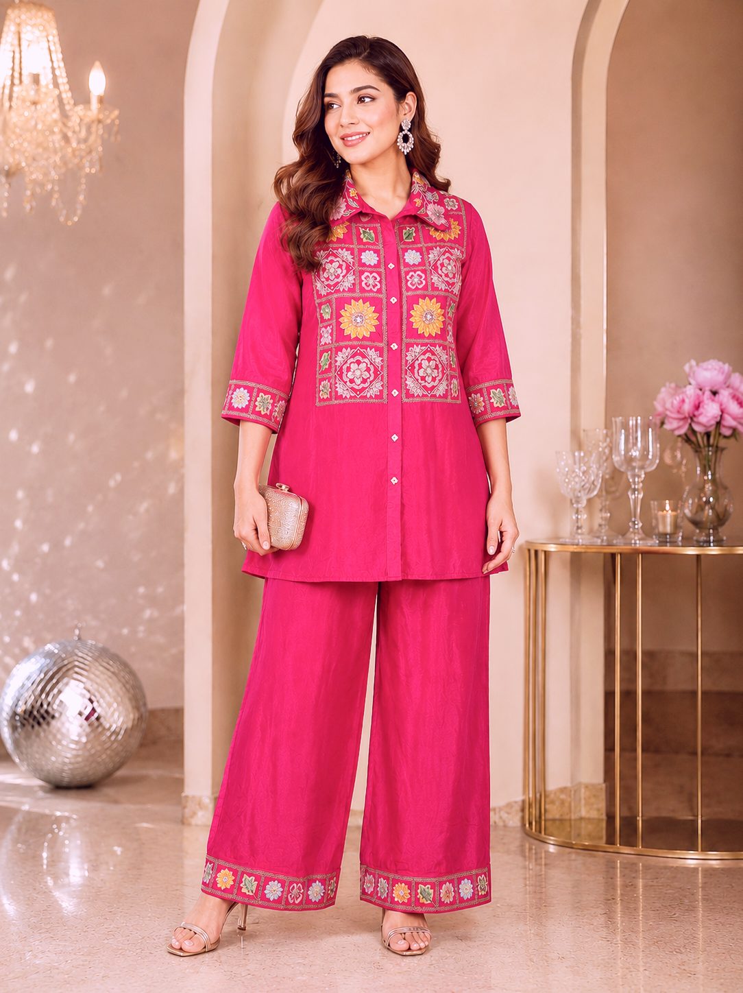 Pink Rose Hot Pink Chinon Embroidered Party Wear Co-ord Set
