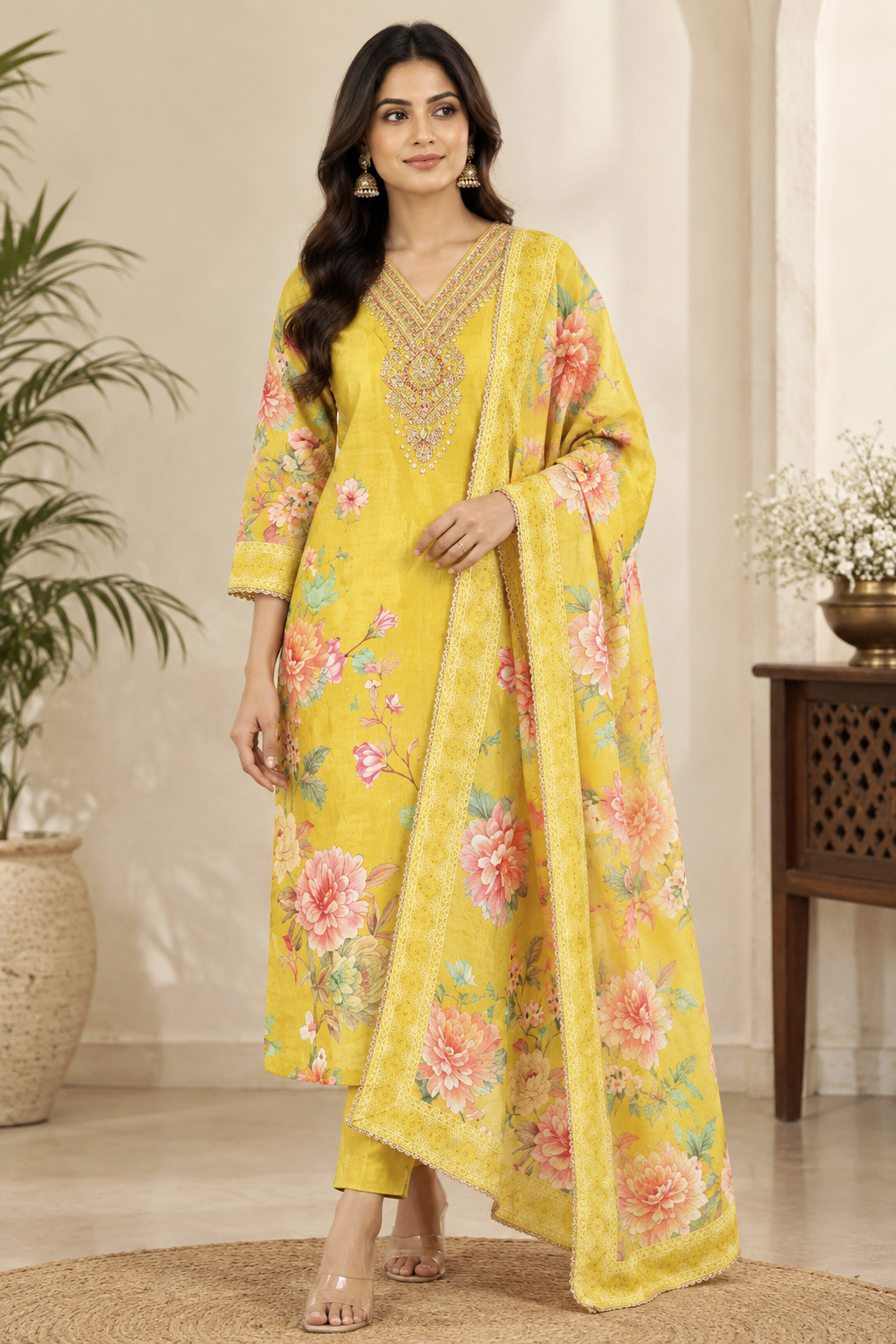 Sunshine Yellow Russian Silk Straight Kurta Set with Golden Embroidery, Pant & Floral Dupatta