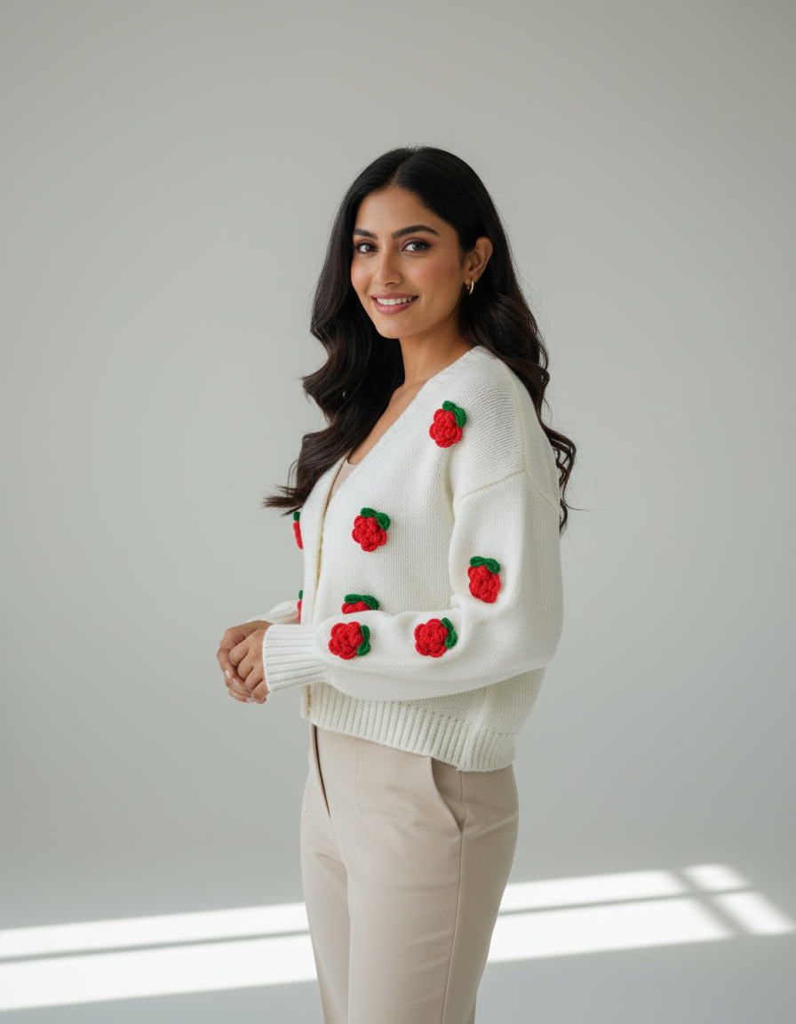 Beige Sweater with Floral Cardigan – Appliqué Detail Women’s Layered Knit Set