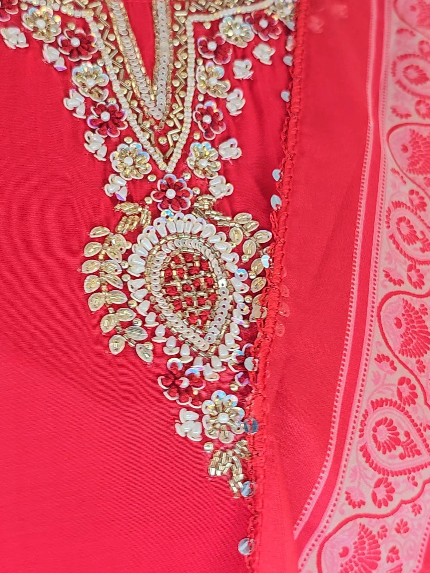 Red Roman Silk Sequin Embroidered Straight Kurta Set with Pant & Floral Dupatta - Image 9