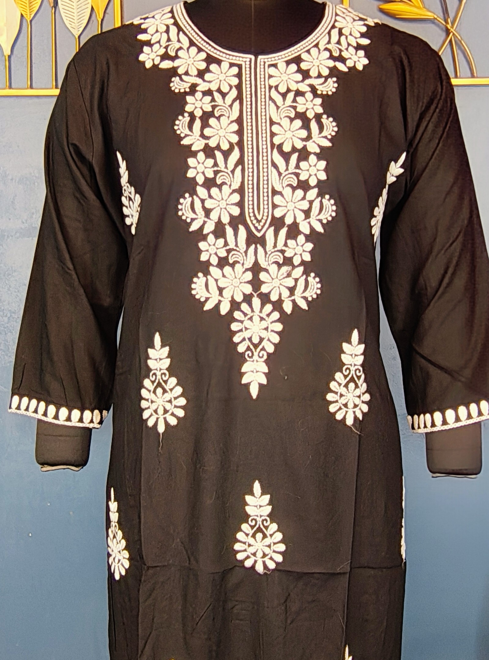 Black Slub Rayon Chikankari Straight Kurta - Image 2