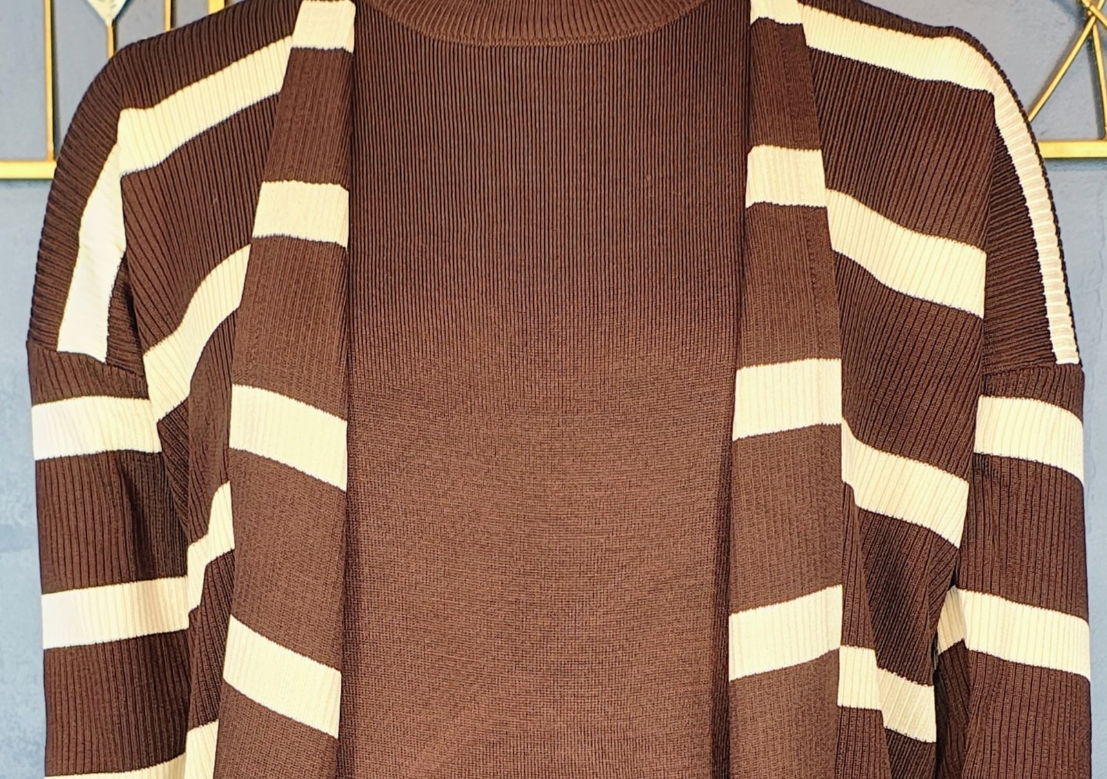 Coffee Brown Bodycon Dress with Striped Shrug – Elegant Women’s Co-Ord Set - Image 2