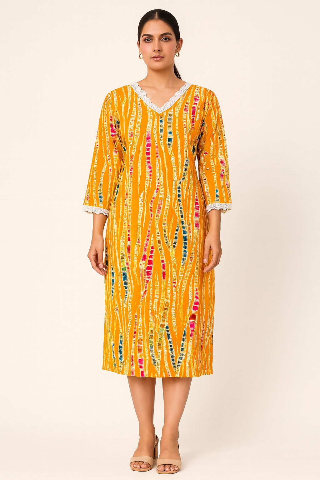 Elegant Mustard Yellow Slub Rayon Straight Kurta with Laced V-Neck