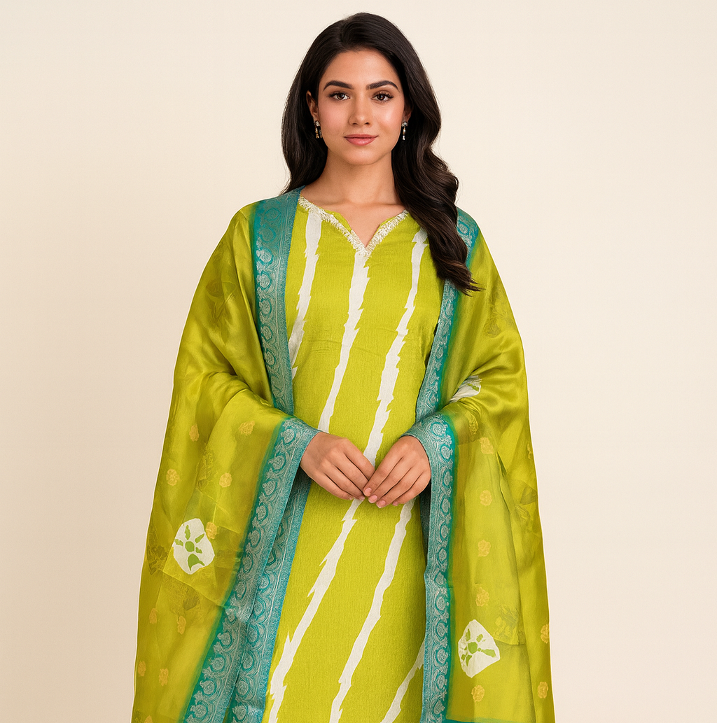 Lime Green Chinon Gold Embroidered Straight Kurta Set with Pant & Dupatta - Image 2