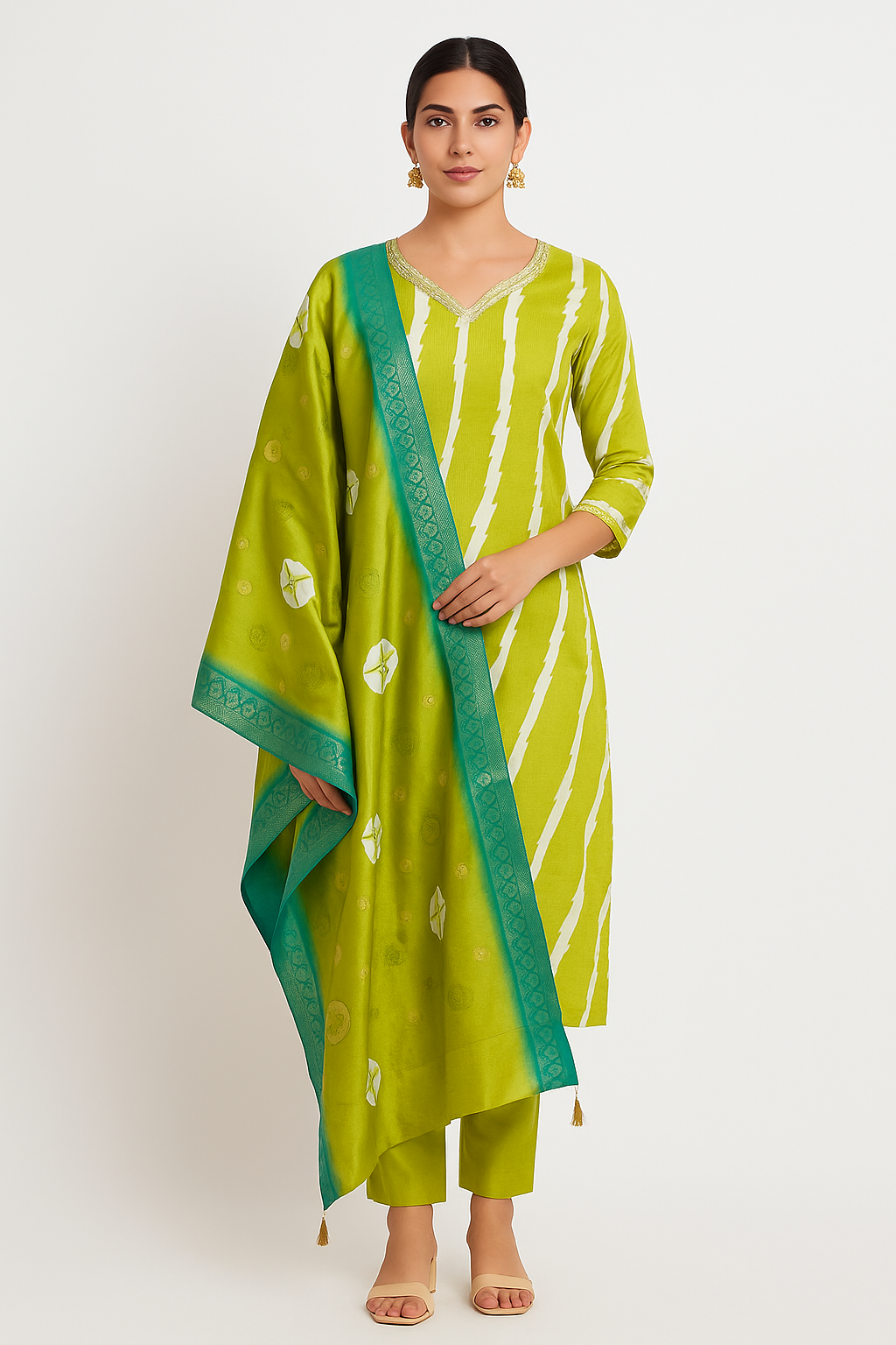 Lime Green Chinon Gold Embroidered Straight Kurta Set with Pant & Dupatta