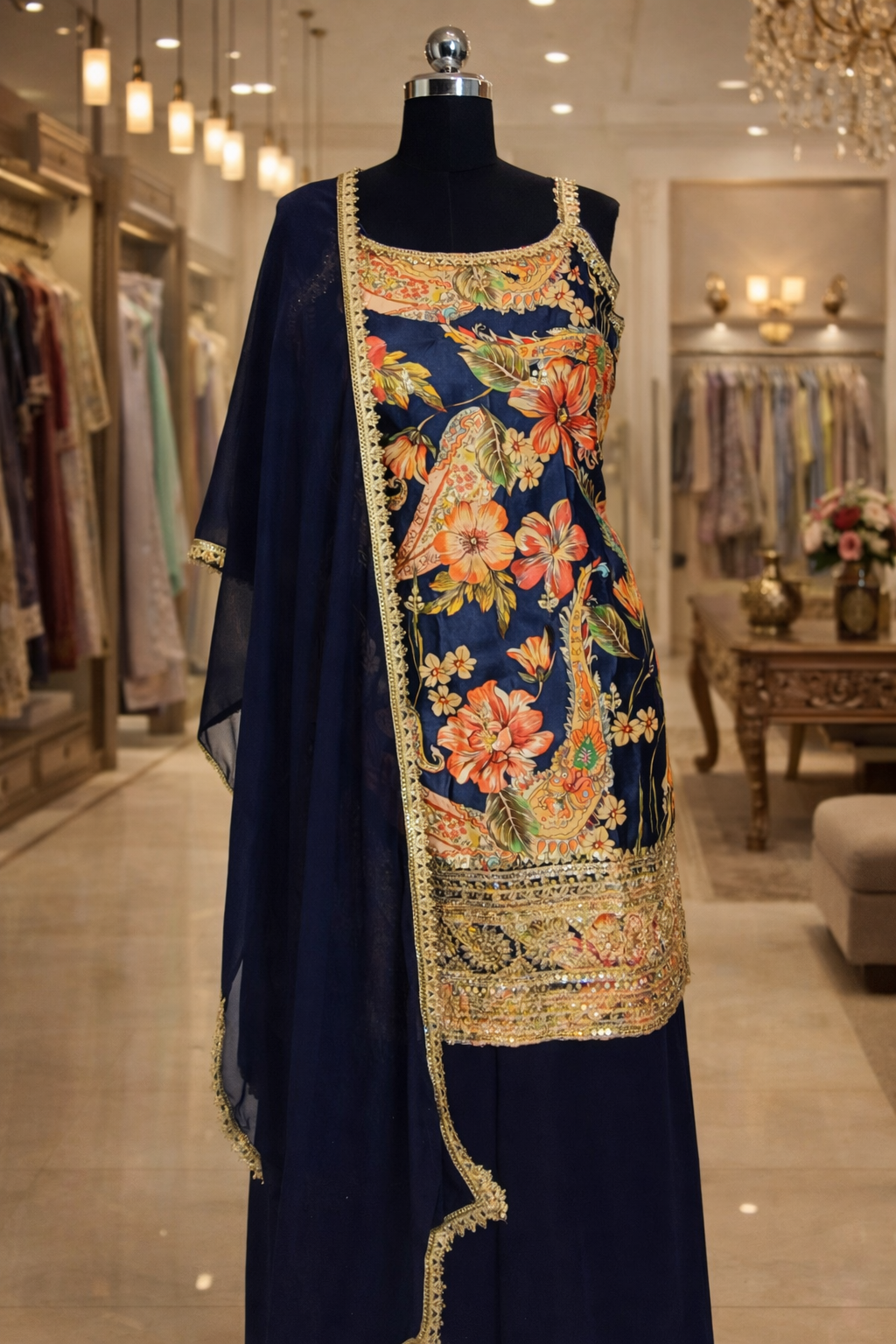 Navy Blue Silk & Georgette Floral Print Party Wear Sharara Set - Image 2