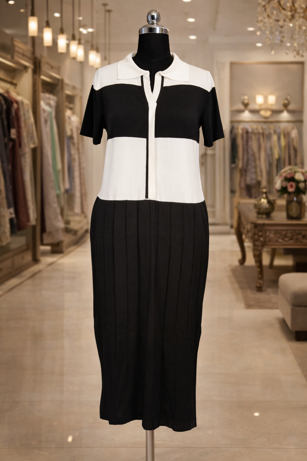 Black & White Collared Midi Dress – Elegant Women’s Classic Wear - Image 2