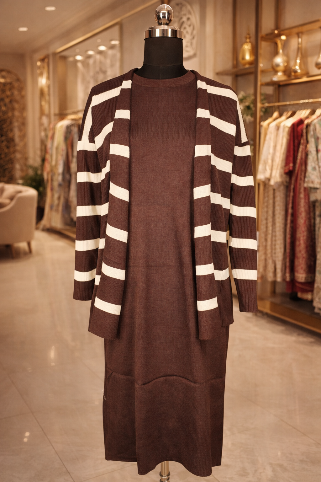 Coffee Brown Bodycon Dress with Striped Shrug – Elegant Women’s Co-Ord Set - Image 3