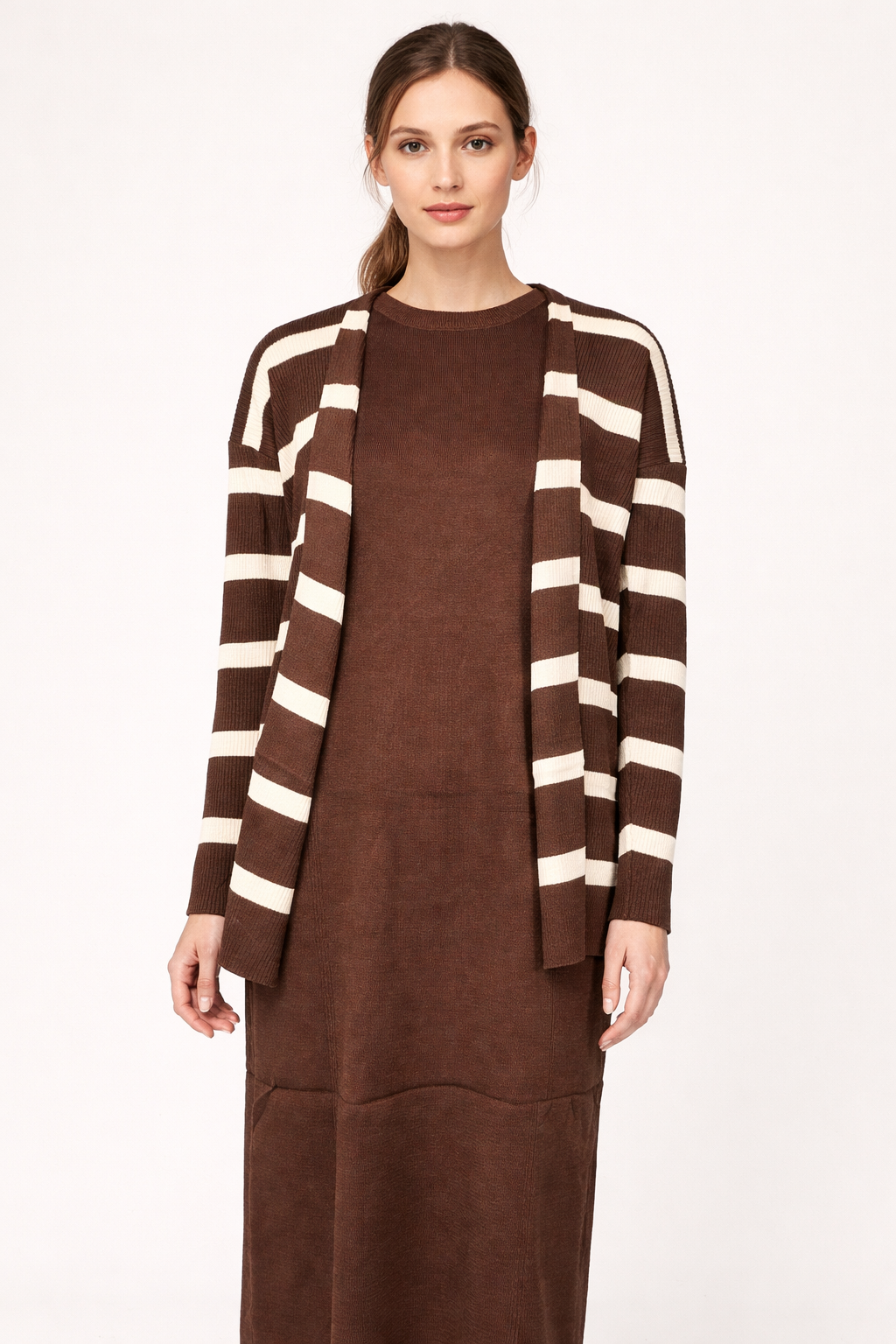 Coffee Brown Bodycon Dress with Striped Shrug – Elegant Women’s Co-Ord Set
