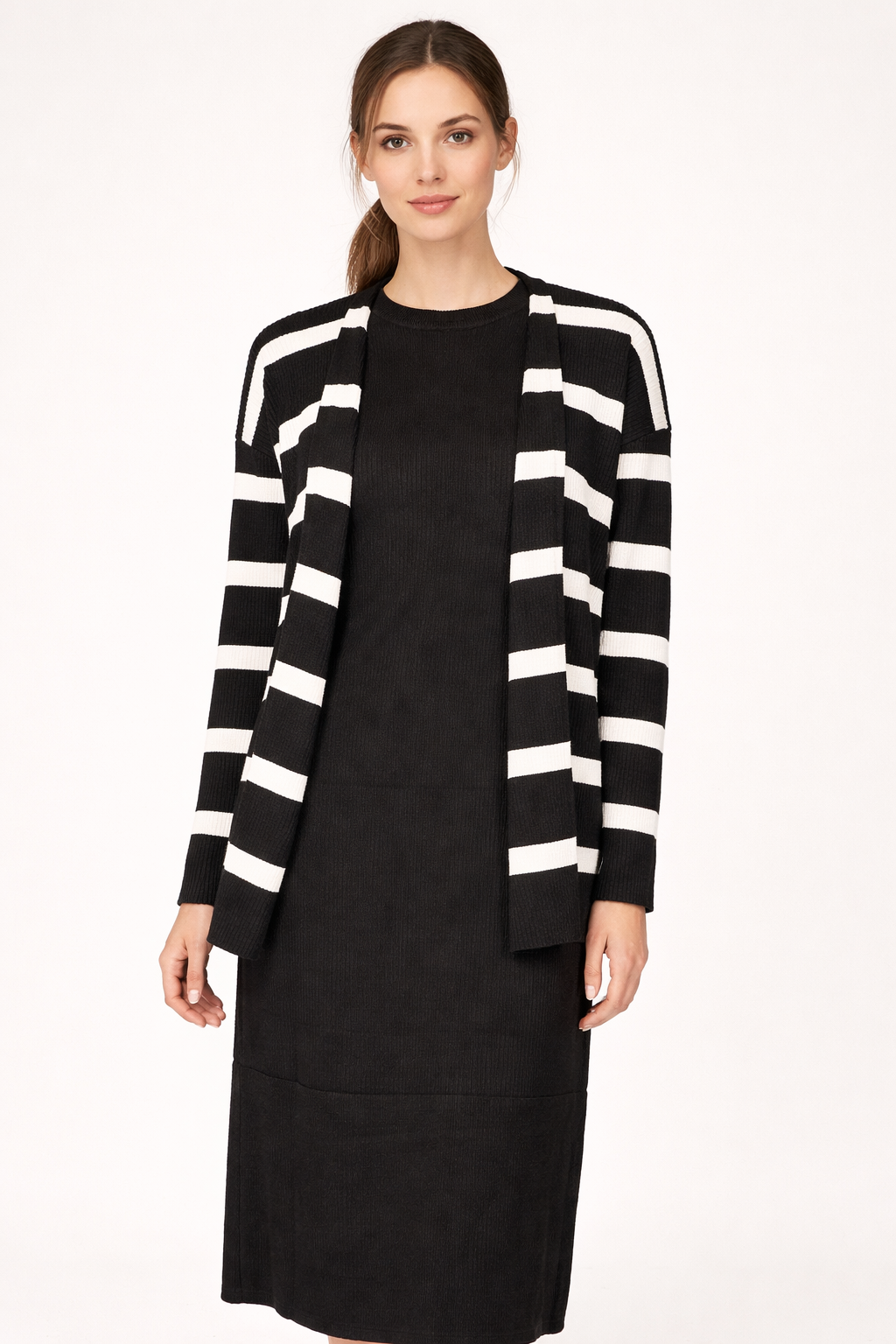 Black Bodycon Dress with Black Shrug Featuring White Stripes