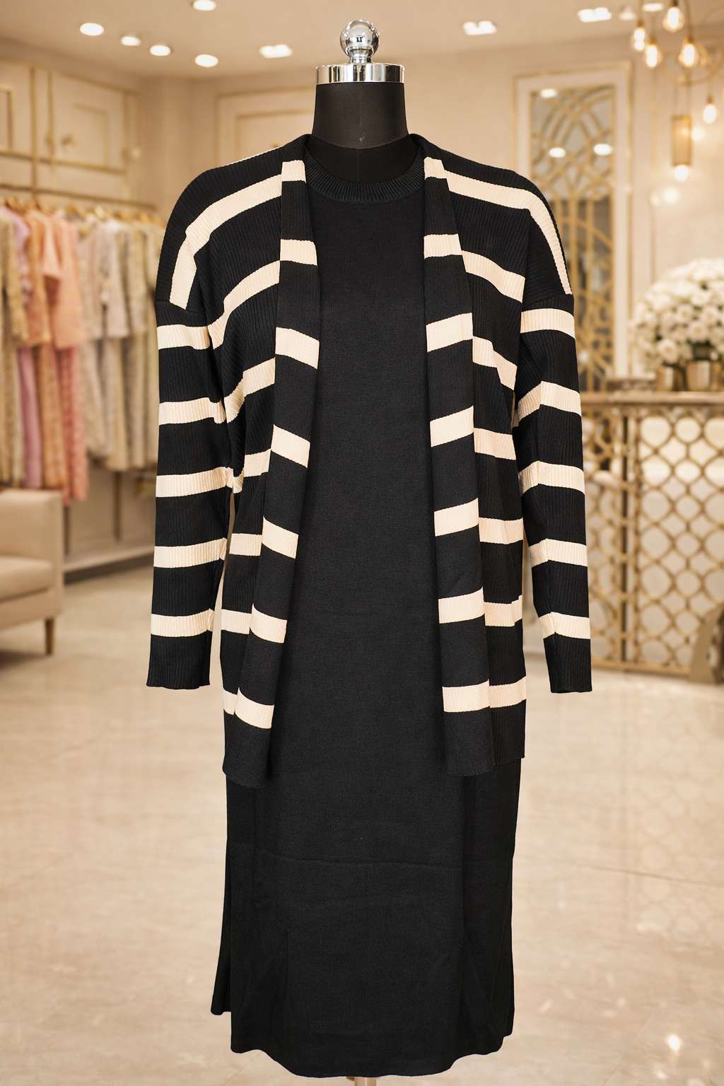 Black Bodycon Dress with Black Shrug Featuring White Stripes - Image 3
