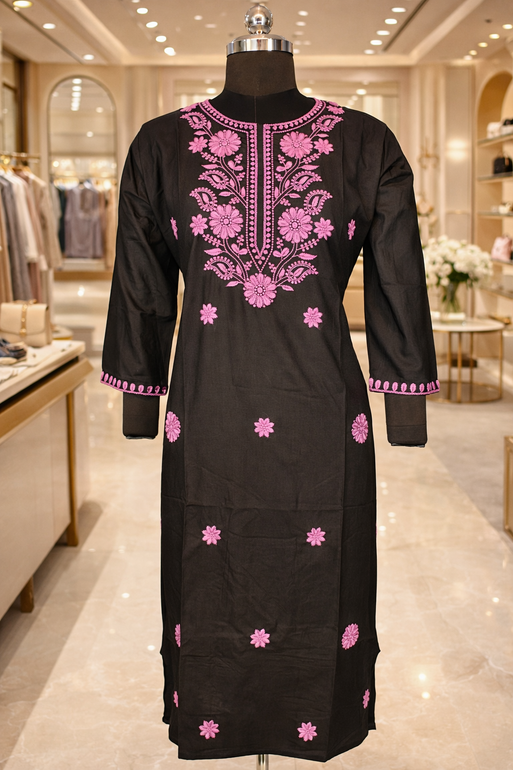 Elegant Black and Purple Slub Rayon Straight Kurta with Chikankari Embroidery - Image 2