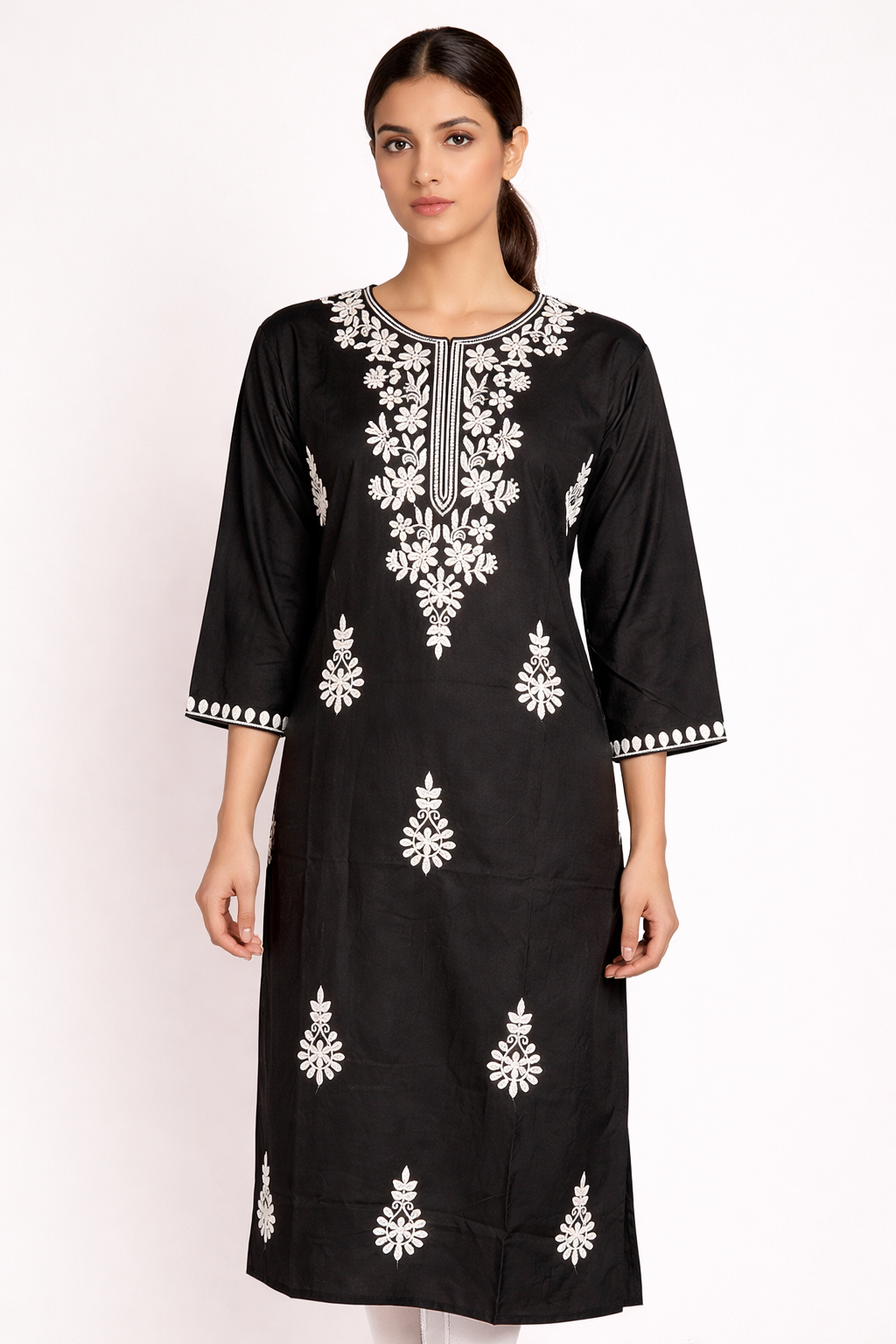 Black Slub Rayon Chikankari Straight Kurta
