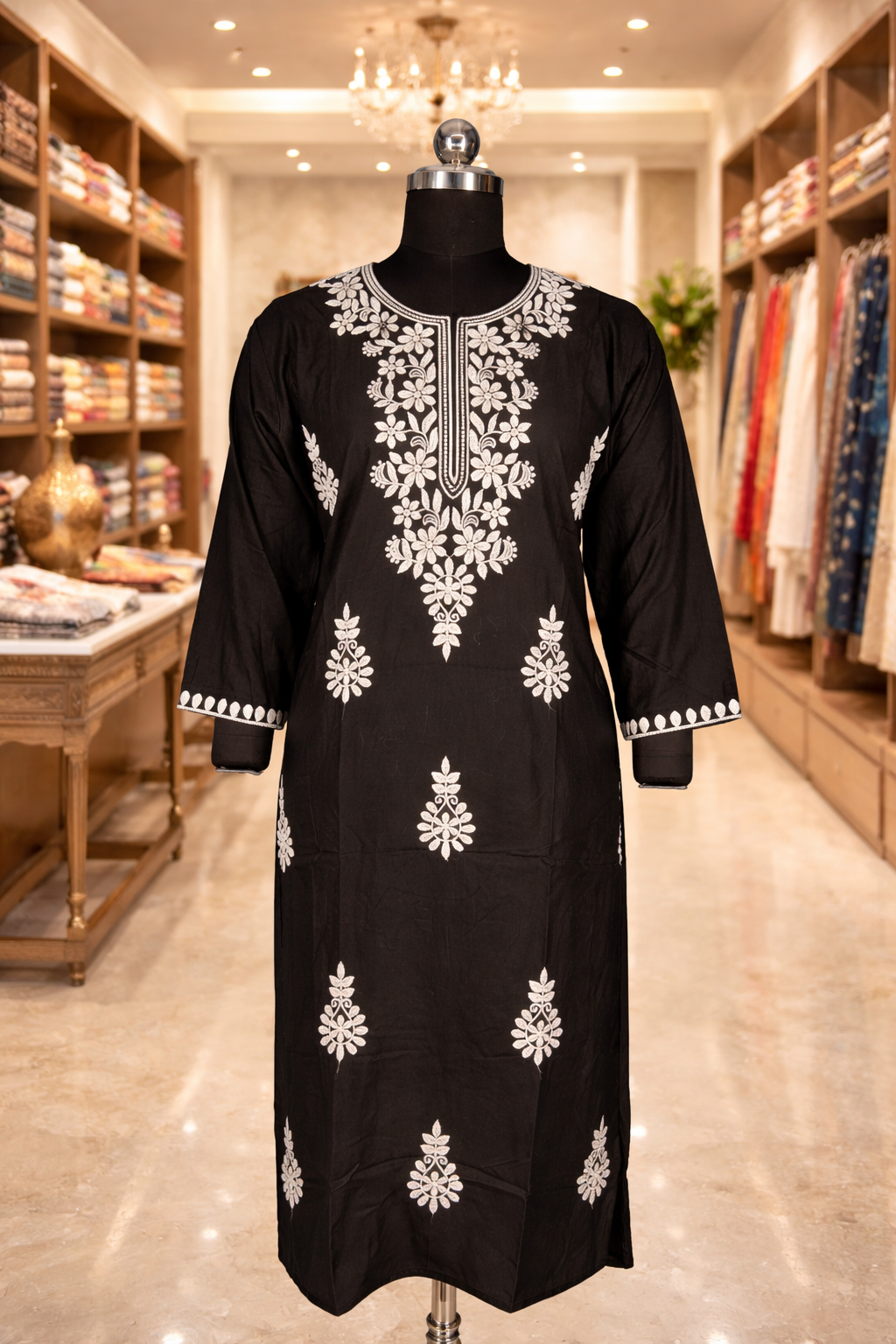 Black Slub Rayon Chikankari Straight Kurta - Image 3