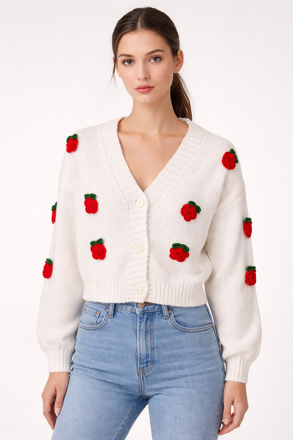 Beige Sweater with Floral Cardigan – Appliqué Detail Women’s Layered Knit Set - Image 2